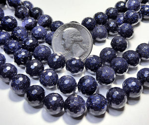10mm Blue Goldstone Faceted Round Gemstone Beads 8-Inch Strand