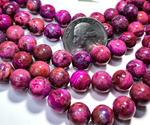 10mm Magenta Crazy Lace Agate Round Gemstone Beads 8-Inch Strand