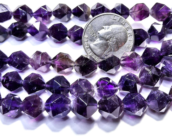 10mm Amethyst Faceted Star Cut Gemstone Beads 8-Inch Strand