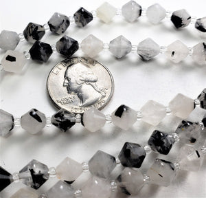 8mm Black Tourmalinated Quartz Faceted Bicone Gemstone Beads 8-Inch Strand