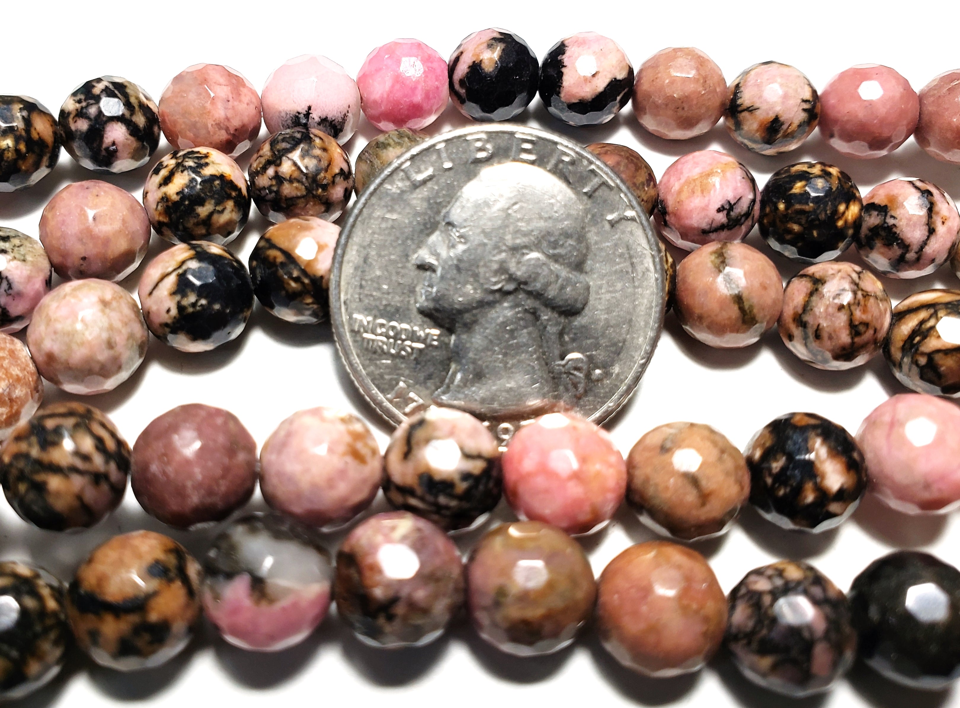 8mm Rhodonite Black Vein Faceted Round Gemstone Beads 8-Inch Strand