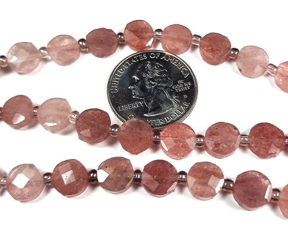 8mm Strawberry Quartz Faceted Coin Gemstone Beads 8-Inch Strand