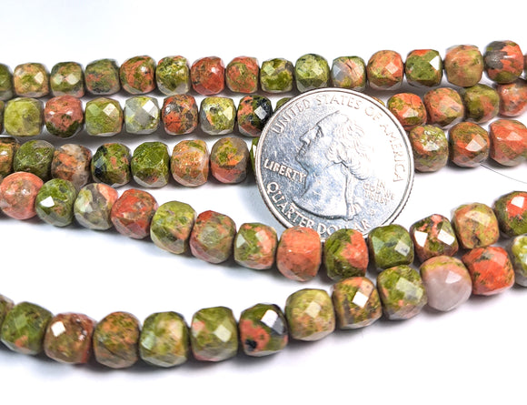 8mm Unakite Faceted Cube Gemstone Beads 8-Inch Strand