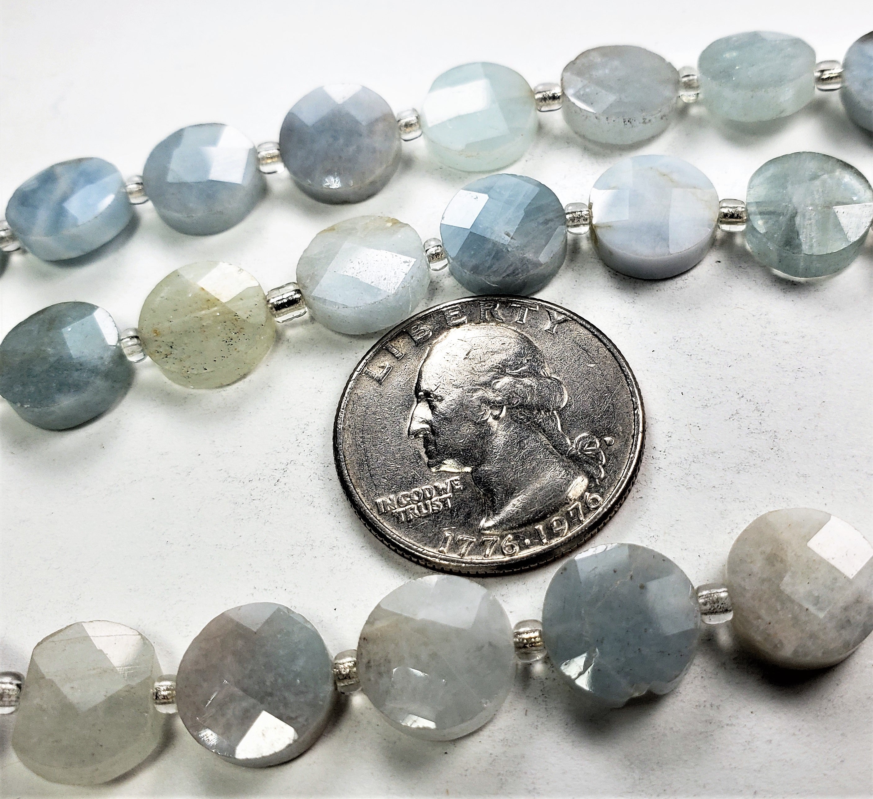 10mm Aquamarine Faceted Coin Gemstone Beads 8-Inch Strand