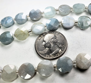 10mm Aquamarine Faceted Coin Gemstone Beads 8-Inch Strand