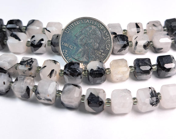 10mm Black Tourmalinated Quartz Faceted Cube Gemstone Beads 8-Inch Strand