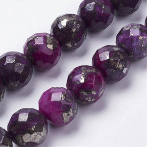 10mm Faceted Round Dark Violet Dyed Pyrite Beads, Lot of 5