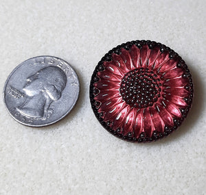 32mm Czech Glass Button Sunflower Salmon Pink and Jet with Platinum Paint