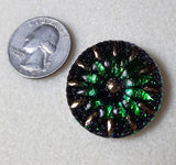 32mm Round Czech Glass Button Green and Purple Iridescent Daisy with Black Wash and Gold Paint