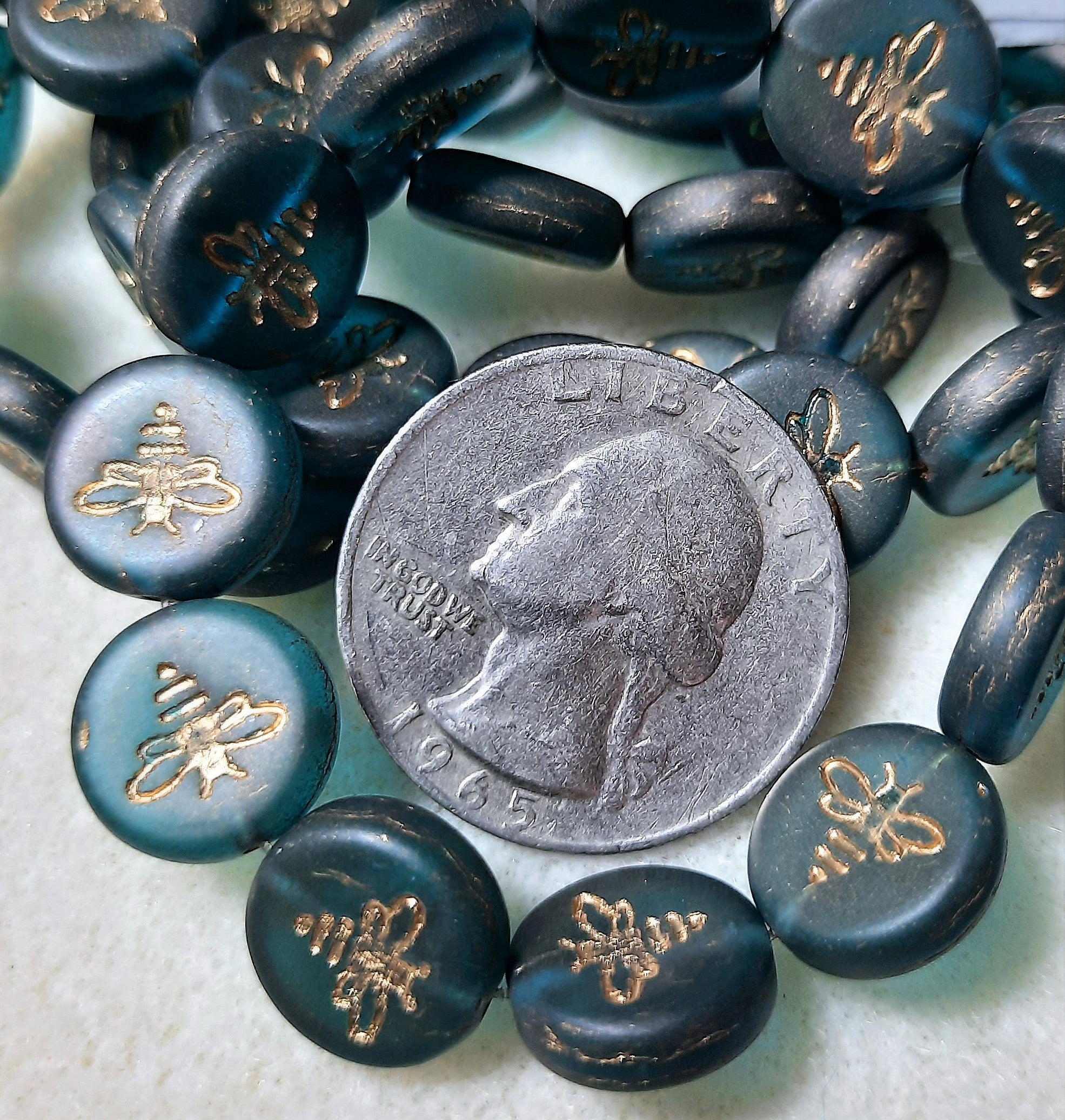 Pressed Coin with Bee (12mm) Capri Blue Transparent Matte with Gold Wash 10ct