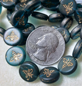 Pressed Coin with Bee (12mm) Capri Blue Transparent Matte with Gold Wash 10ct