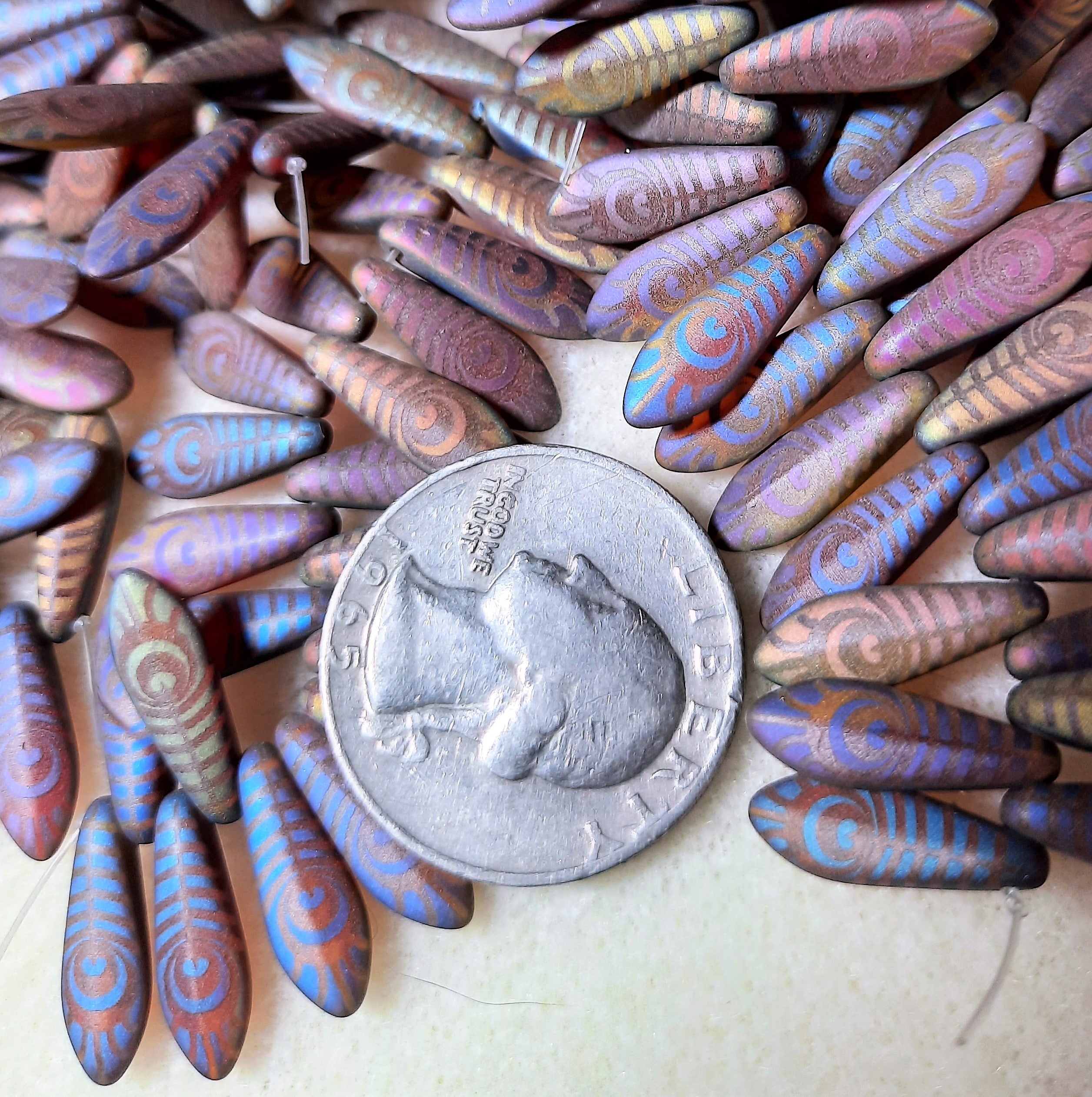 16x5mm Laser Etched Matte Rainbow Peacock on Red and Yellow Opaline Dagger Beads 12ct