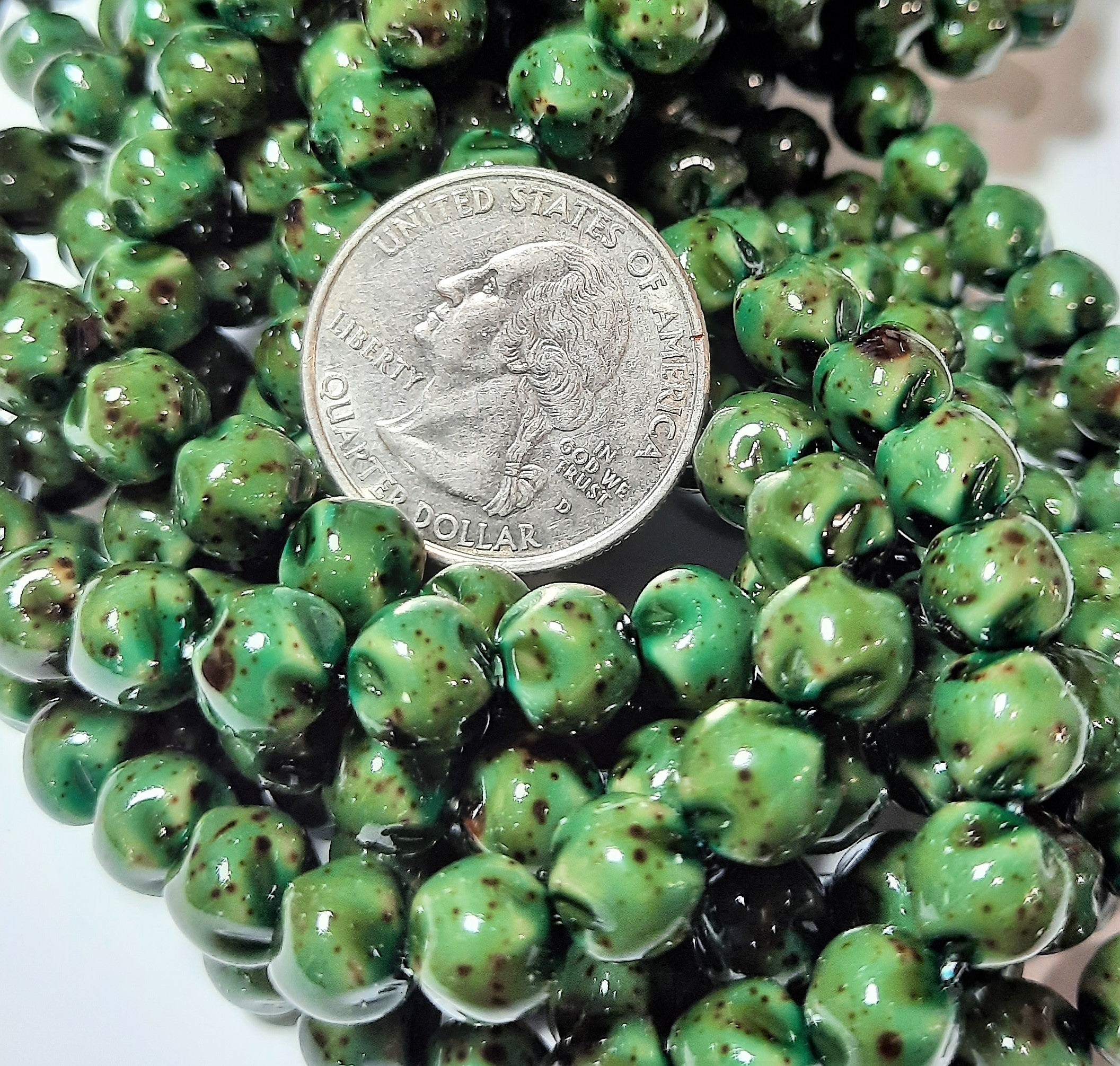 8mm Green Turquoise Czech Glass Gold Speck Baroque Beads 20ct