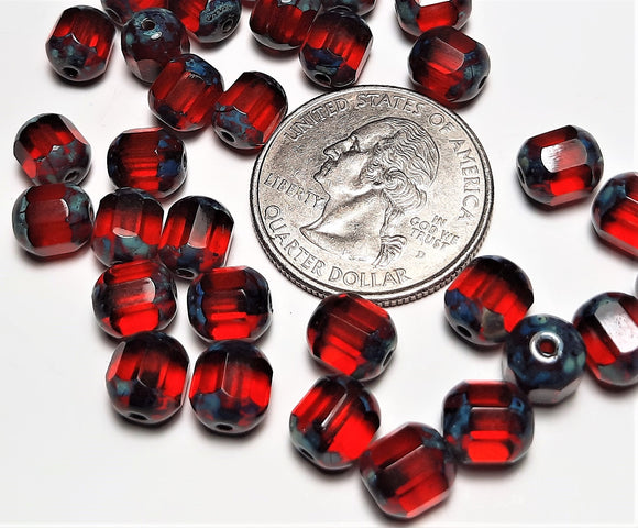 8mm Siam Czech Glass Fire Polished Picasso Beads 15ct