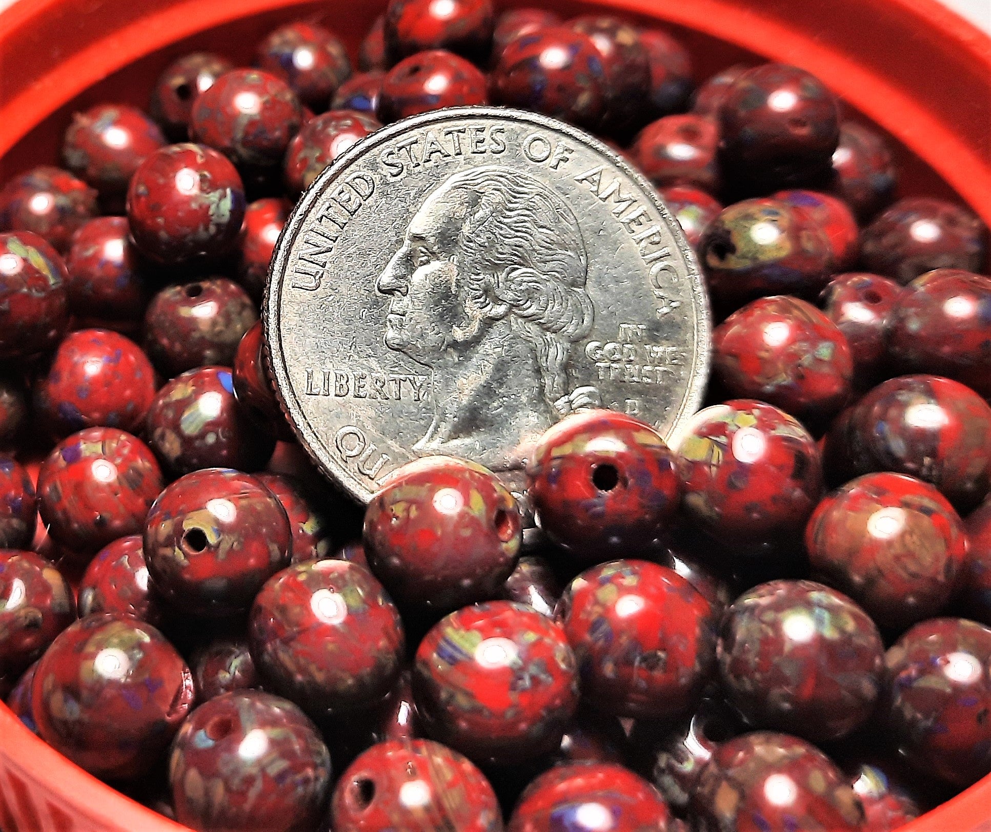 8mm Red/Olive Marble Czech Glass Beads 15ct