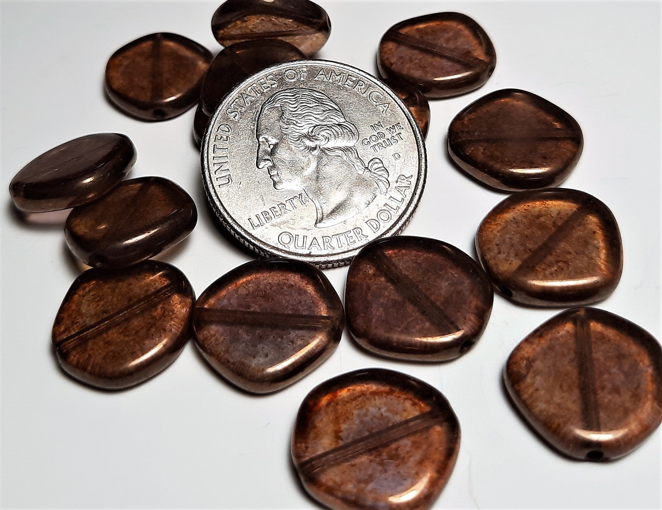 15mm Lumi Brown Czech Glass Odd Coin Loose 10ct