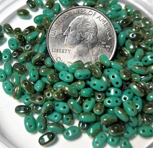 2.5x5mm SuperDuo™ Smooth 2-Hole Green Turquoise Celsian Czech Glass Beads 25g