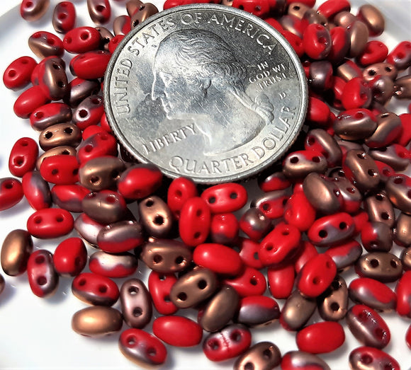2.5x5mm SuperDuo™ Smooth 2-Hole Frosted Blood Red Capri Czech Glass Beads 25g