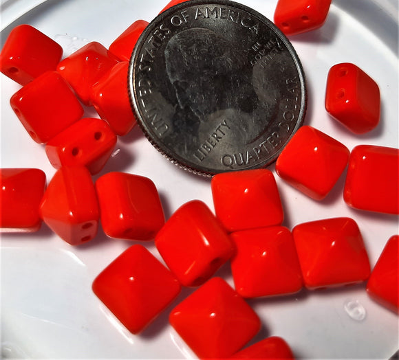 8mm Coral Czech Glass Pyramid 2-Hole Beadstuds Beads 12ct