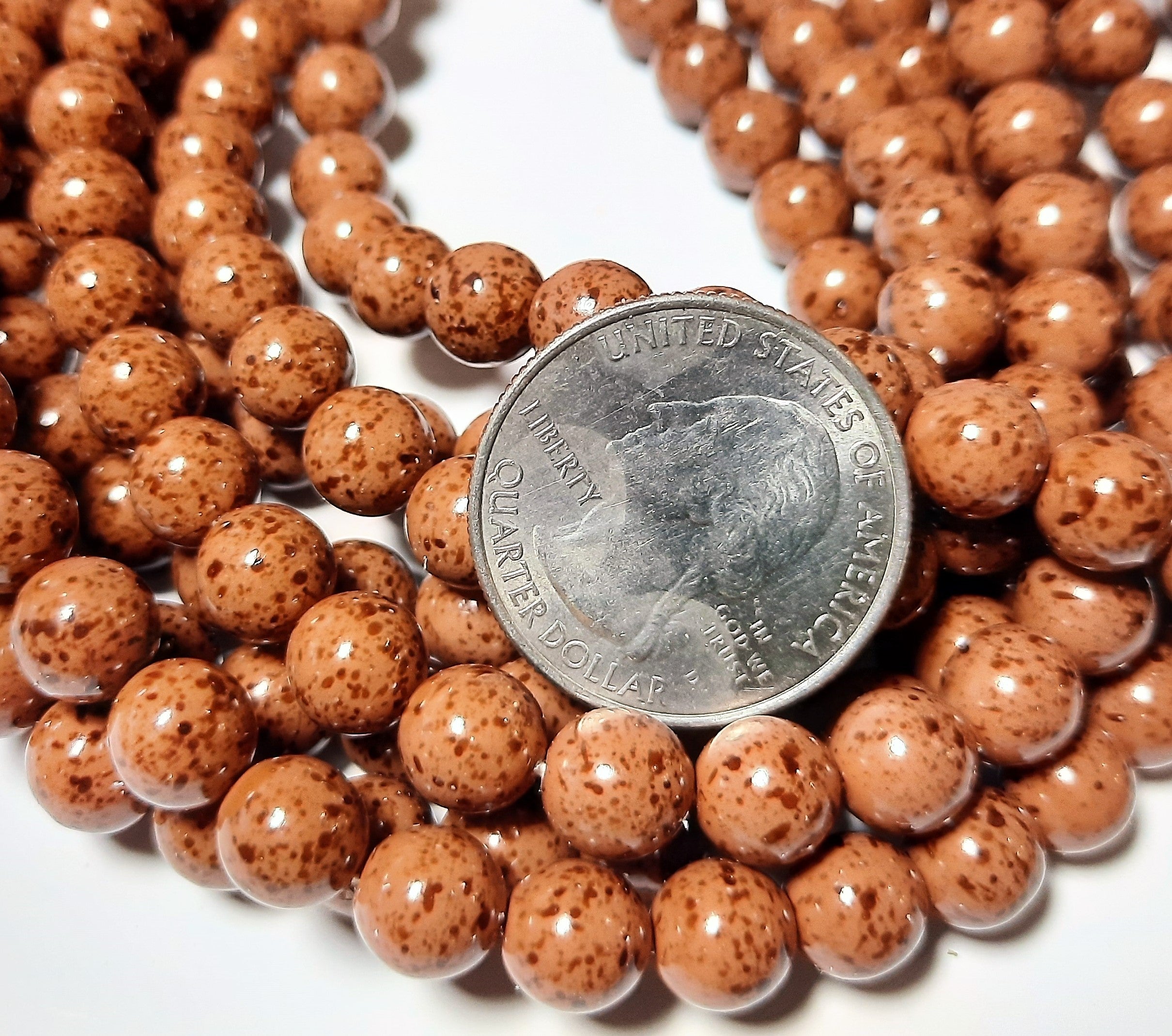 8mm Brown Opaque Gold Speck Round Czeck Glass Beads 20ct