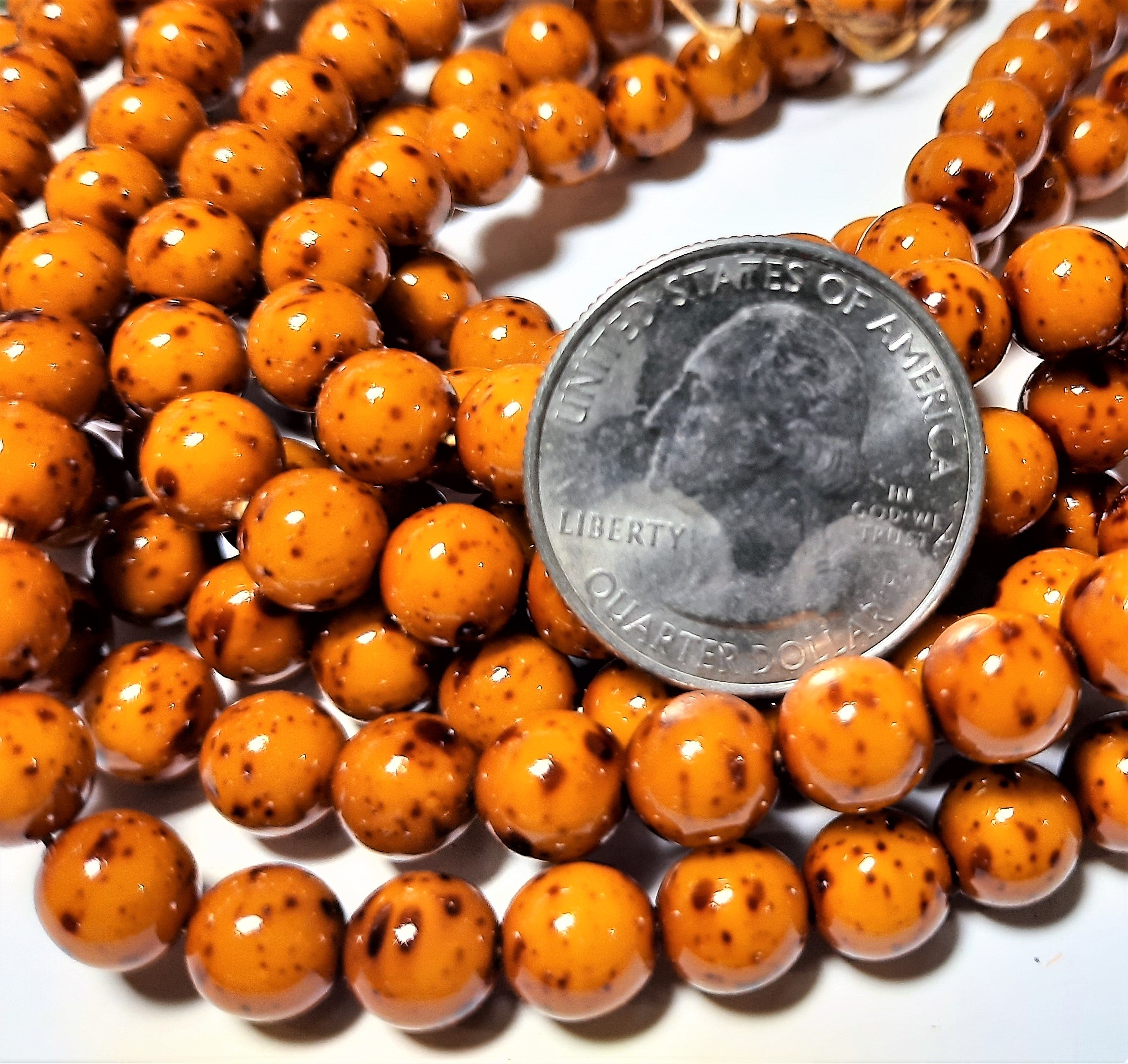 8mm Amber Opaque Gold Speck Czech Glass Round Beads 20ct