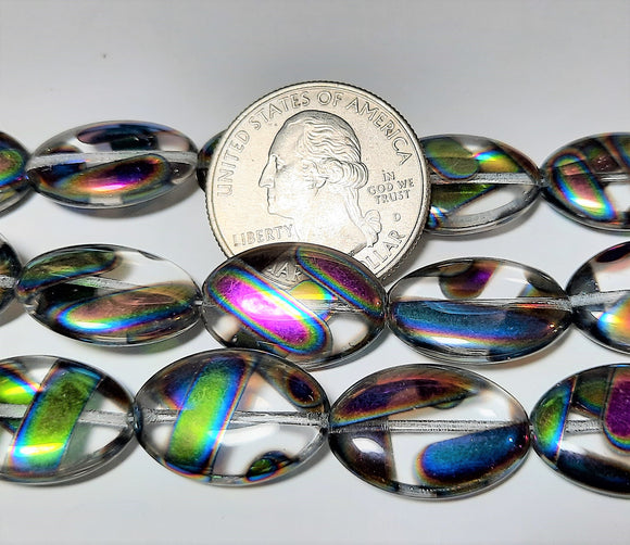 Metallic Laser Striped Crystal Clear Flat Oval Czech Glass Beads 7-inch Strand