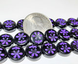 Black with Purple Daisies 11mm Czech Glass Coins 7-Inch Strand Fialova