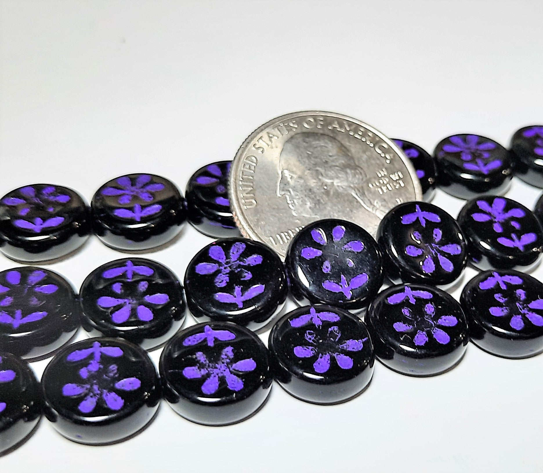 Black with Purple Daisies 11mm Czech Glass Coins 7-Inch Strand Fialova