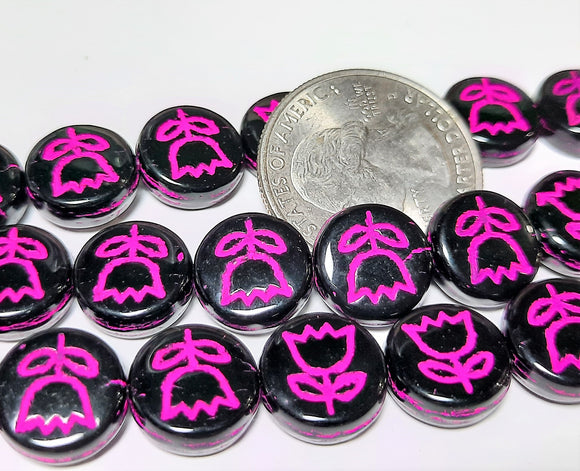 Black and Hot Pink Tulip 11mm Czech Glass Coin Beads Ruzova 7-inch Strand