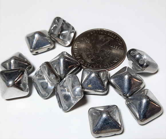 12mm Crystal Silver Czech Glass Pyramid 2-Hole Beadstuds 6ct