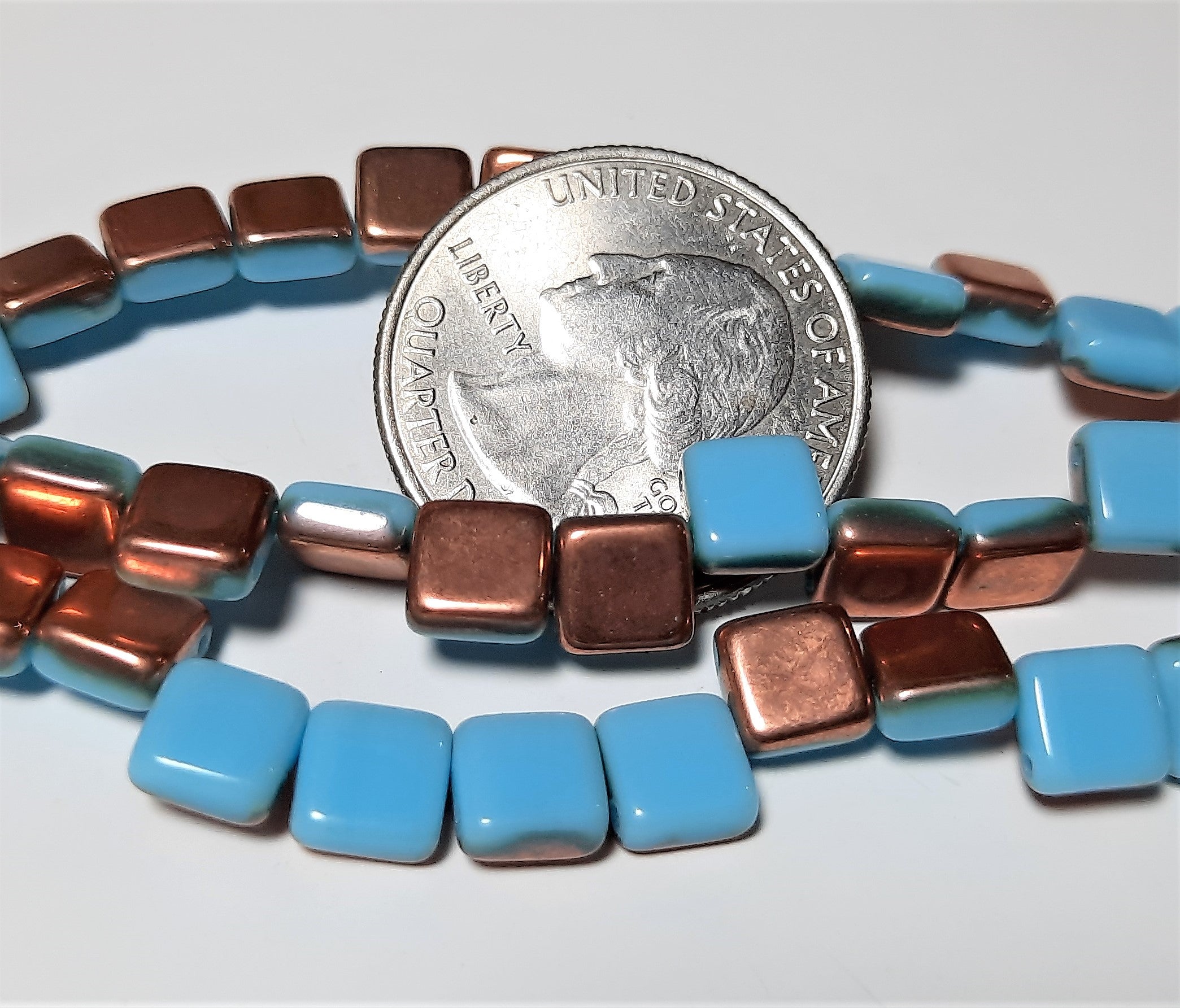 6mm Blue Turquoise Capri 2-Hole Czech Glass Tile 7-Inch Strand