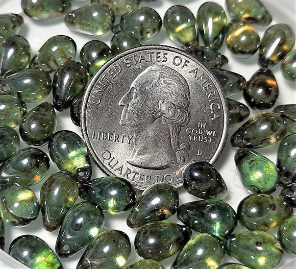 6x9mm Lumi Green Side Drill Czech Glass Teardrop Beads 30ct