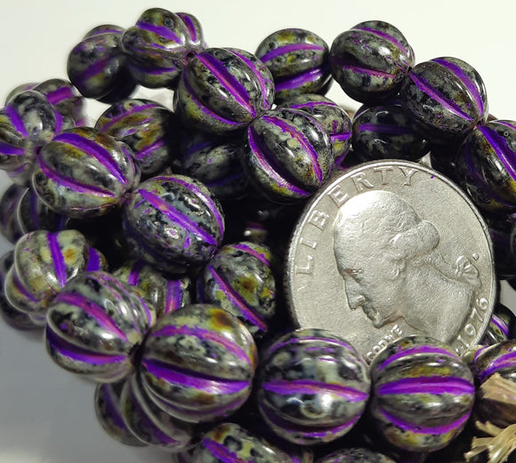 10mm Melon Black with a Picasso Finish and Purple Wash Czech Glass Beads 15ct