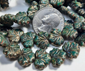 10x13mm Maple Leaf Army Green with Coral Wash Czech Glass Beads 10ct