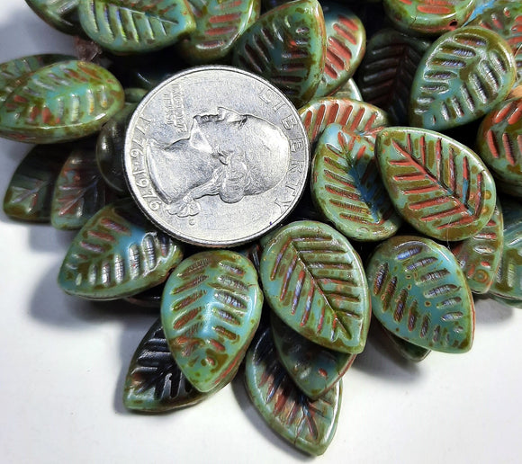 12x16mm Dogwood Leaves Tea Green with Picasso Finish Czech Glass Beads 15ct