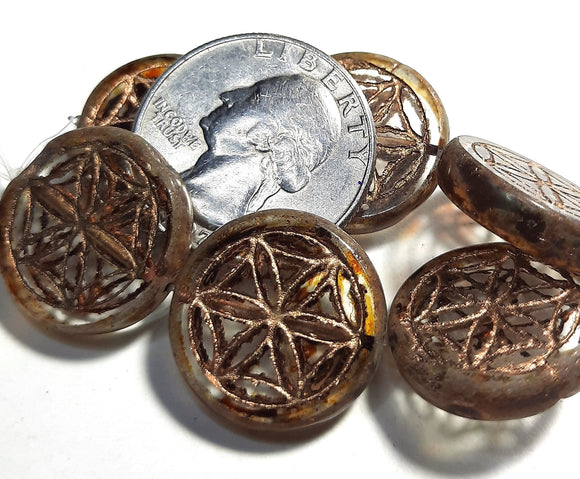 18mm Flower Of Life Coin Transparent Picasso Gold Wash Czech Glass Beads 2ct