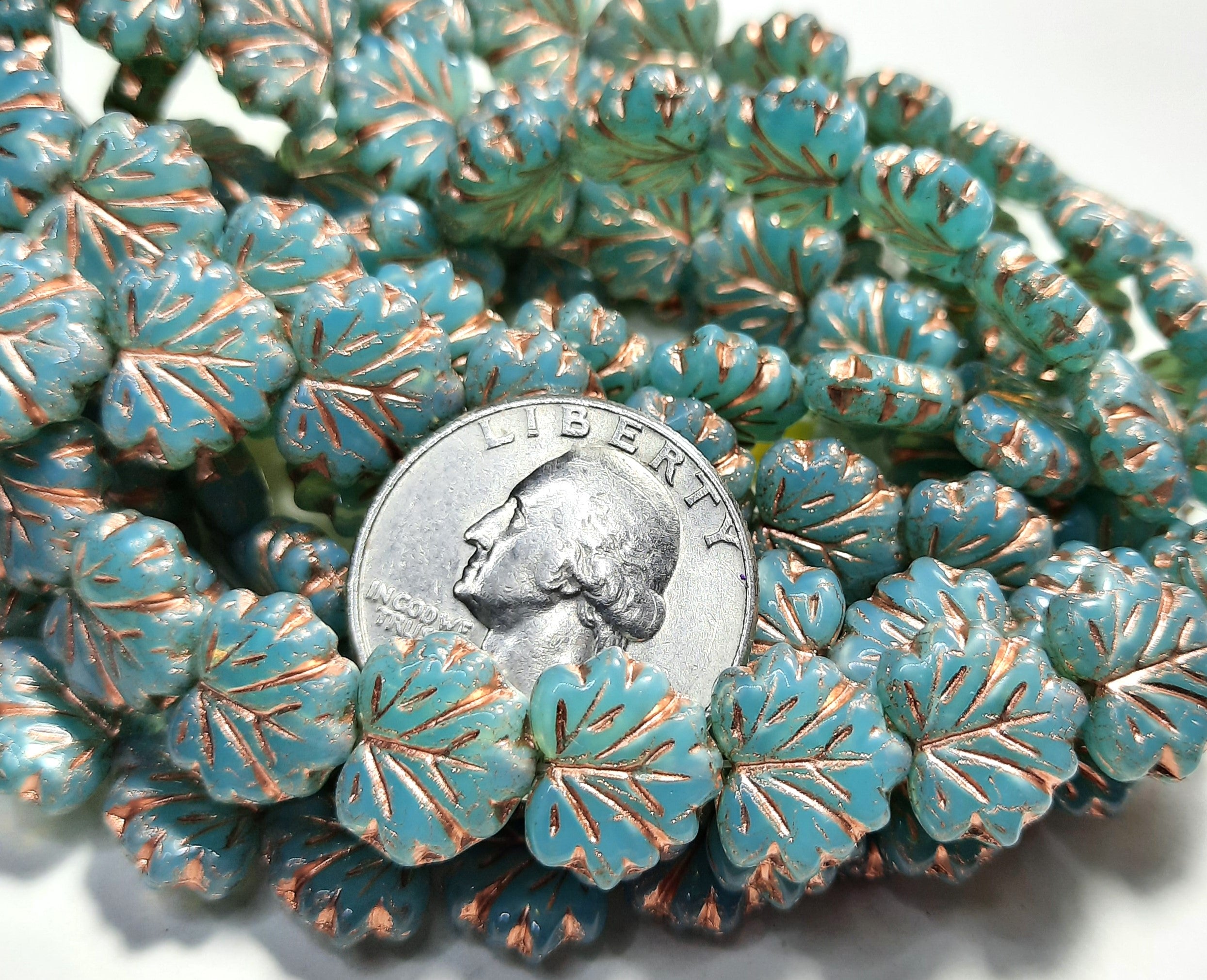 10x13mm Maple Leaf Sea Green with a Copper Wash Czech Glass Beads 10ct