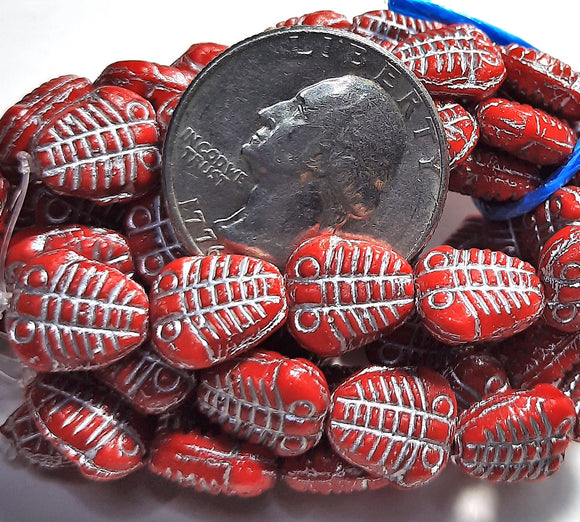 10x13mm Trilobite Scarlet Red with a Silver Wash Czech Glass Beads 12ct