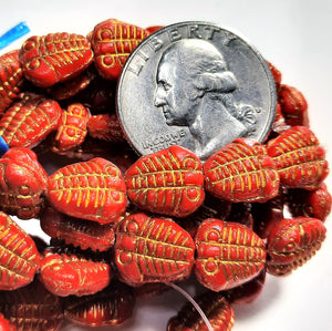 10x13mm Trilobite Scarlet Red with a Gold Wash Czech Glass Beads 12ct