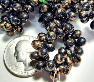 5x7mm Drop Black with Gold Splatter Finish Czech Glass Beads 50ct