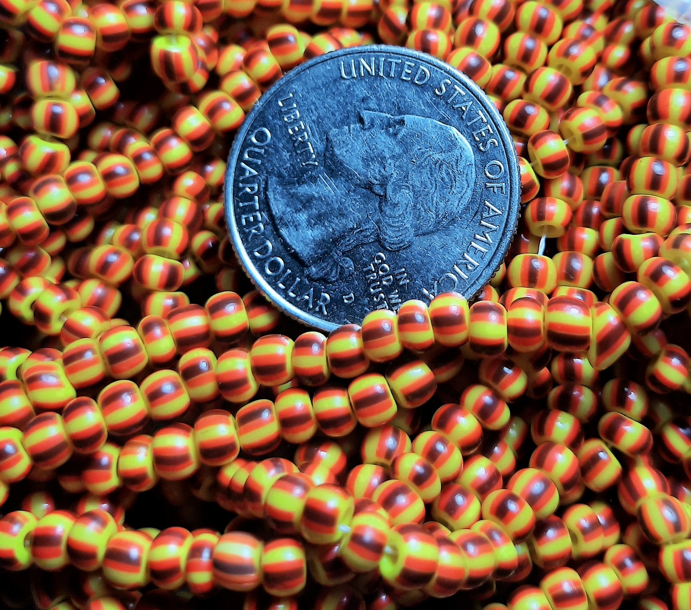 6/0 Opaque Red Brown Yellow Striped Czech Seed Beads Two Strands