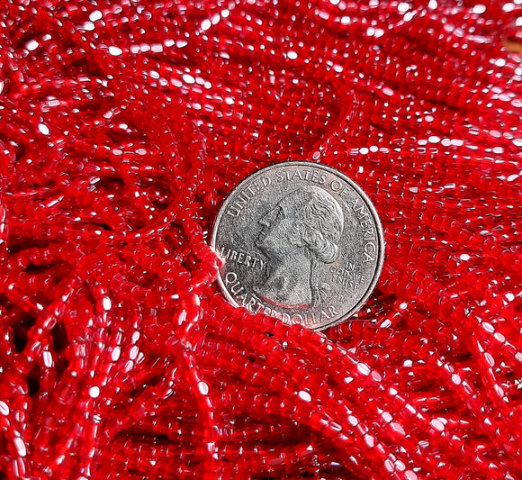 9/0 Red Transparent Luster 3-Cut Czech Seed Beads Full Hank