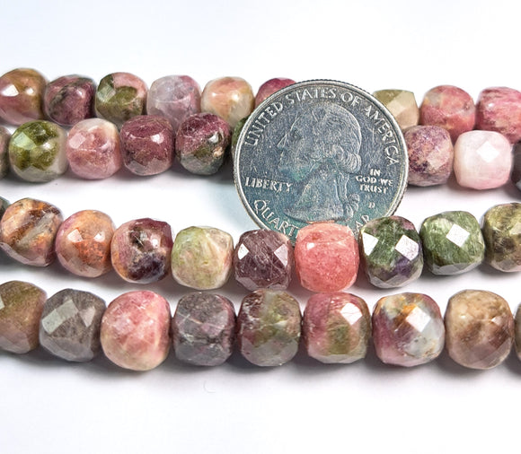 8mm Tourmaline Faceted Cube Gemstone Beads 8-Inch Strand