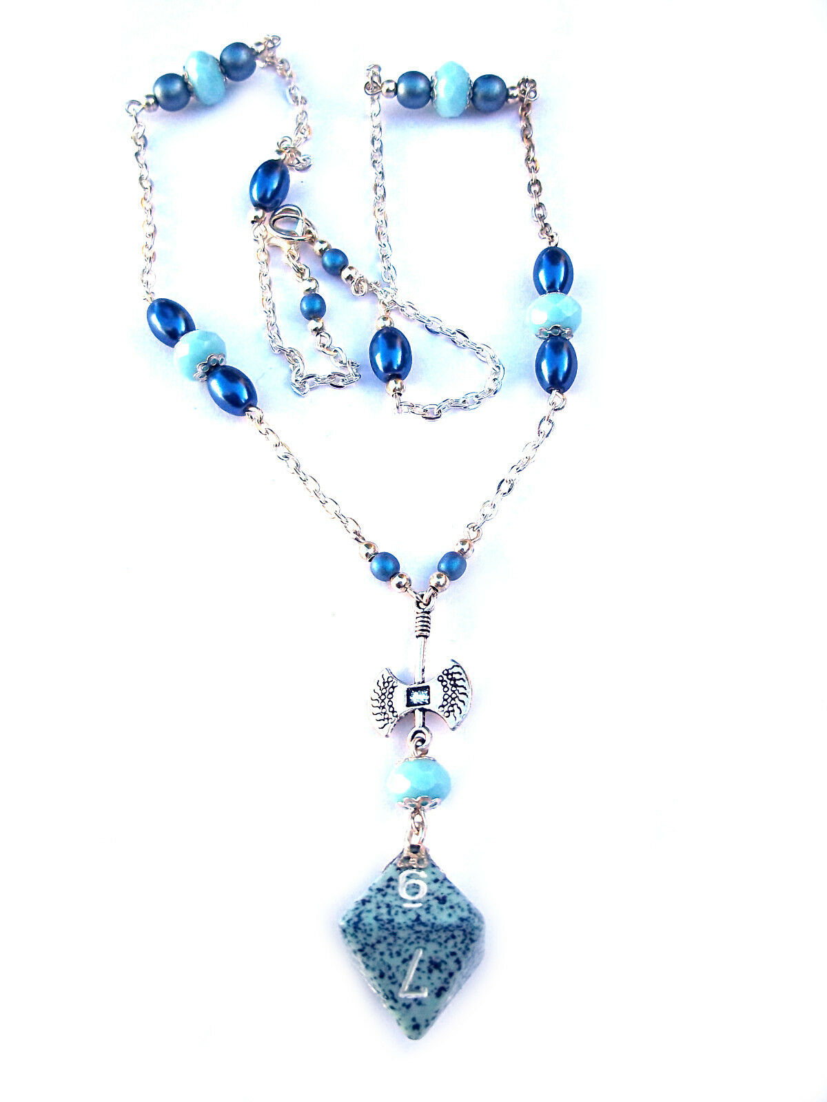 Aqua and Blue Pearl Dwarven Hammer D&amp;D RPG Dice Necklace D8 Geek Fantasy Jewelry