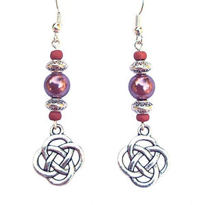 Beaded Celtic Knot Rose Mauve and Silver Handcrafted Dangle Earrings
