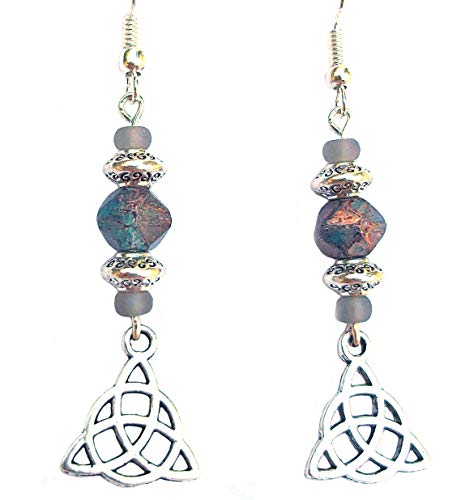 Beaded Celtic Knot Earrings Triquetra Gold Fleck Denim Blue Grey and Silver Handcrafted Dangles