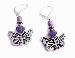 Beaded Butterfly Earrings Leverback Purple and Silver Handcrafted Dangle