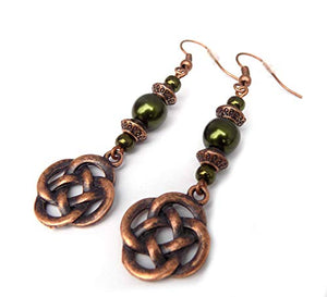 Beaded Celtic Knot Forest Green and Copper Handcrafted Dangle Earrings
