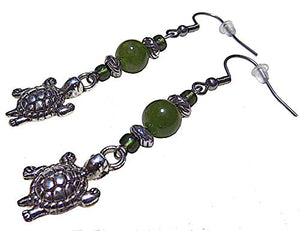 Antiqued Silver and Green Turtle Handmade Beaded Drop Earrings