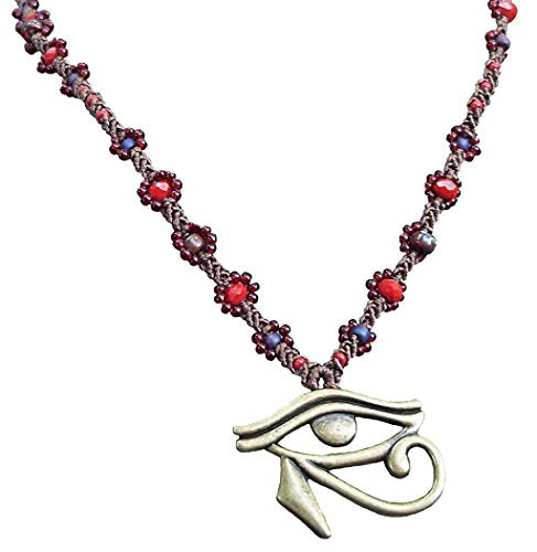 Bronze and Crimson Eye of Horus Handcrafted Beaded Micro-Macrame Necklace